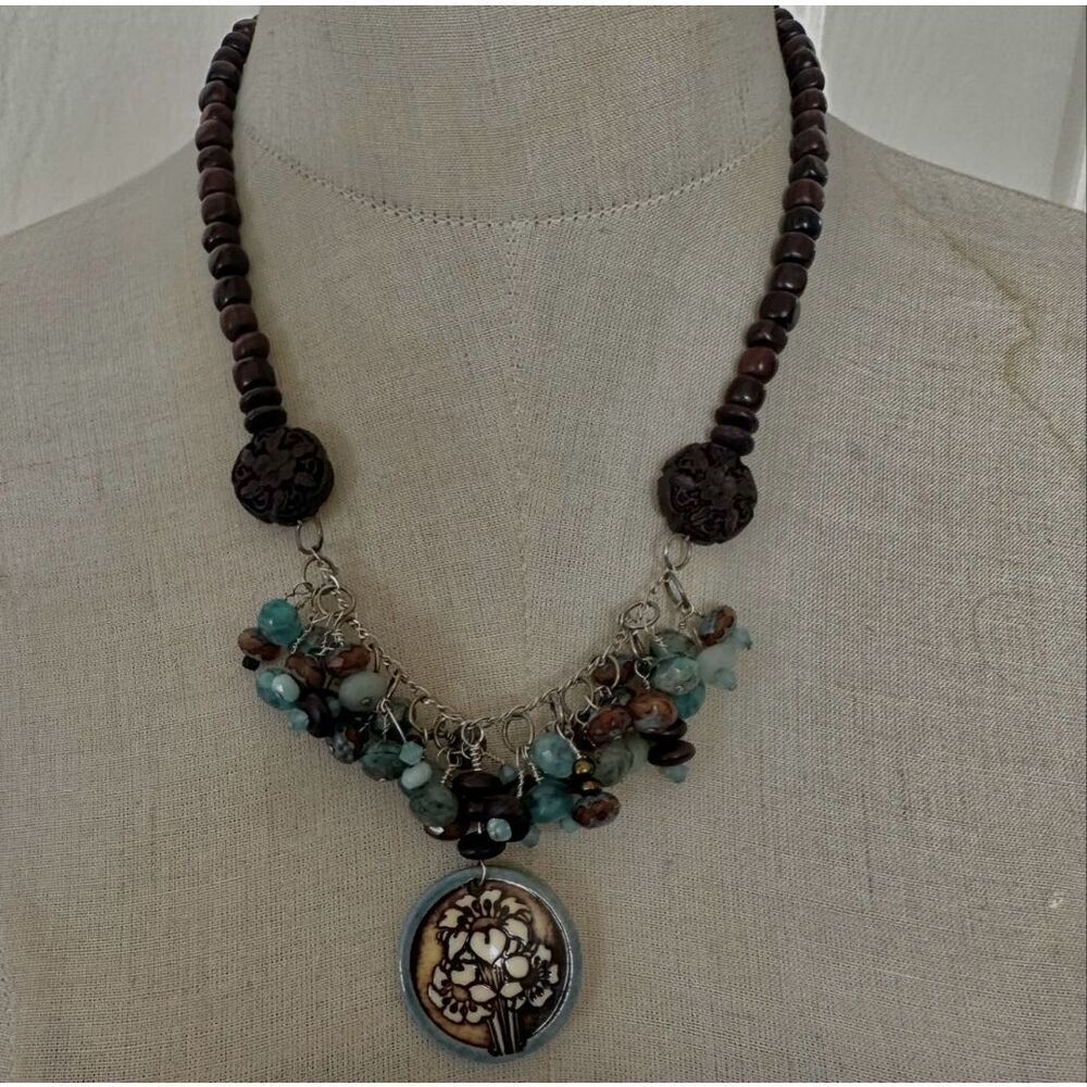 Mixed Media beaded   Ceramic Floral Pendant necklace